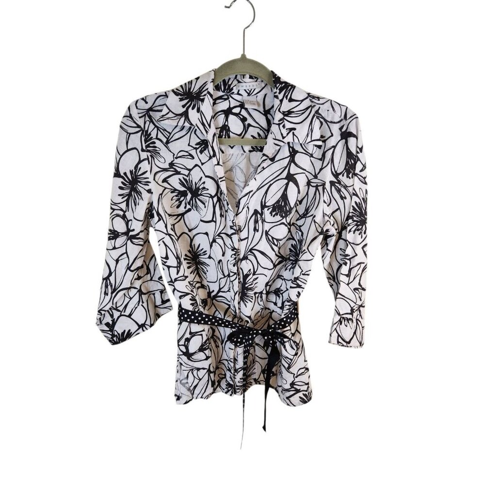 Tweeds Linen Blouse Top White Black Floral Coastal Preppy Women's Size Large